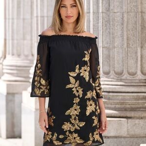 Elegant Black and Gold Off-Shoulder Dress